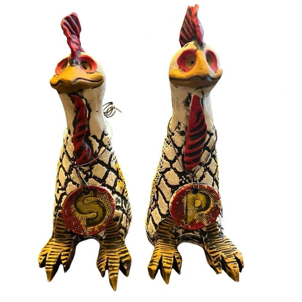 Studio Art Pottery Rooster Salt & Pepper Shakers Folk Art Primitive Farmhouse 6
